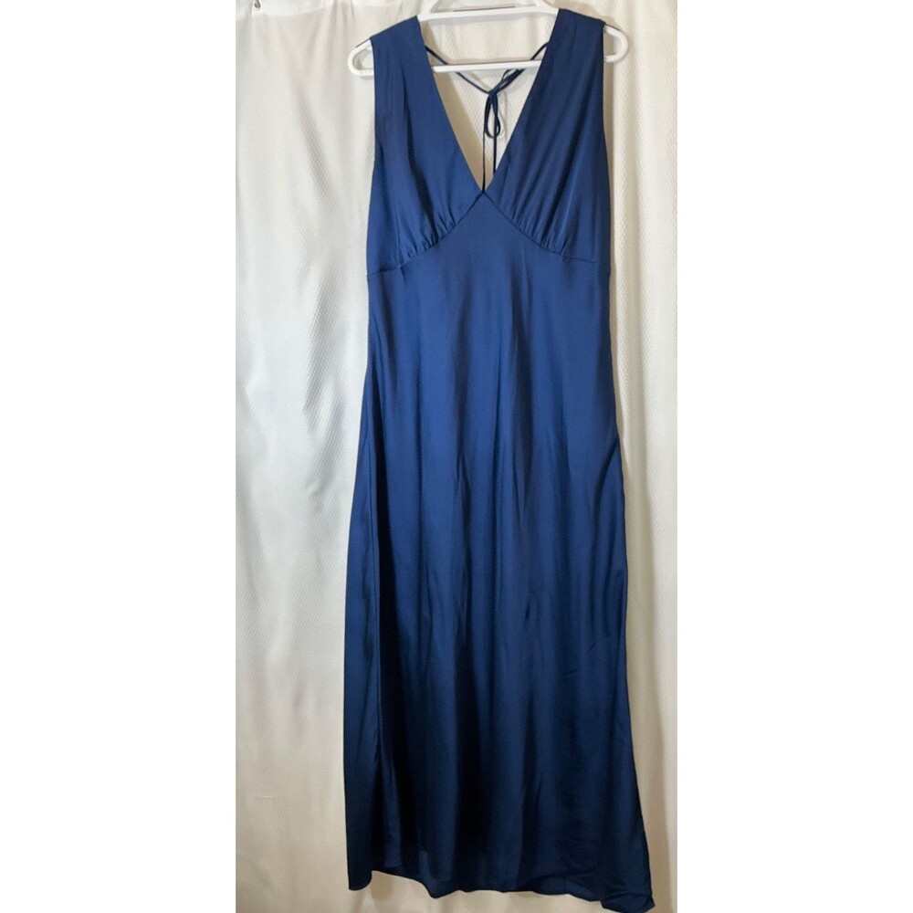 Abercrombie & Fitch Women V Neck Plunge Cowl Back Blue Satin Dress XL Petit Gown